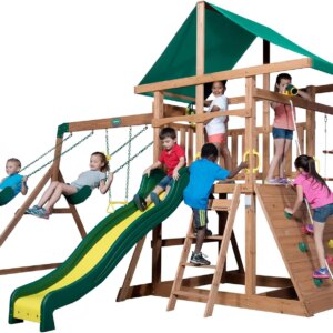 Mount Mckinley Cedar Wood Swing Set with Wave Slide, Play Deck, Double Rock Wall, Rope Ladder, Web Swing, Belt Swings, Toy Telescope, Steering Wheel, Sandbox Area, Outdoor Playset