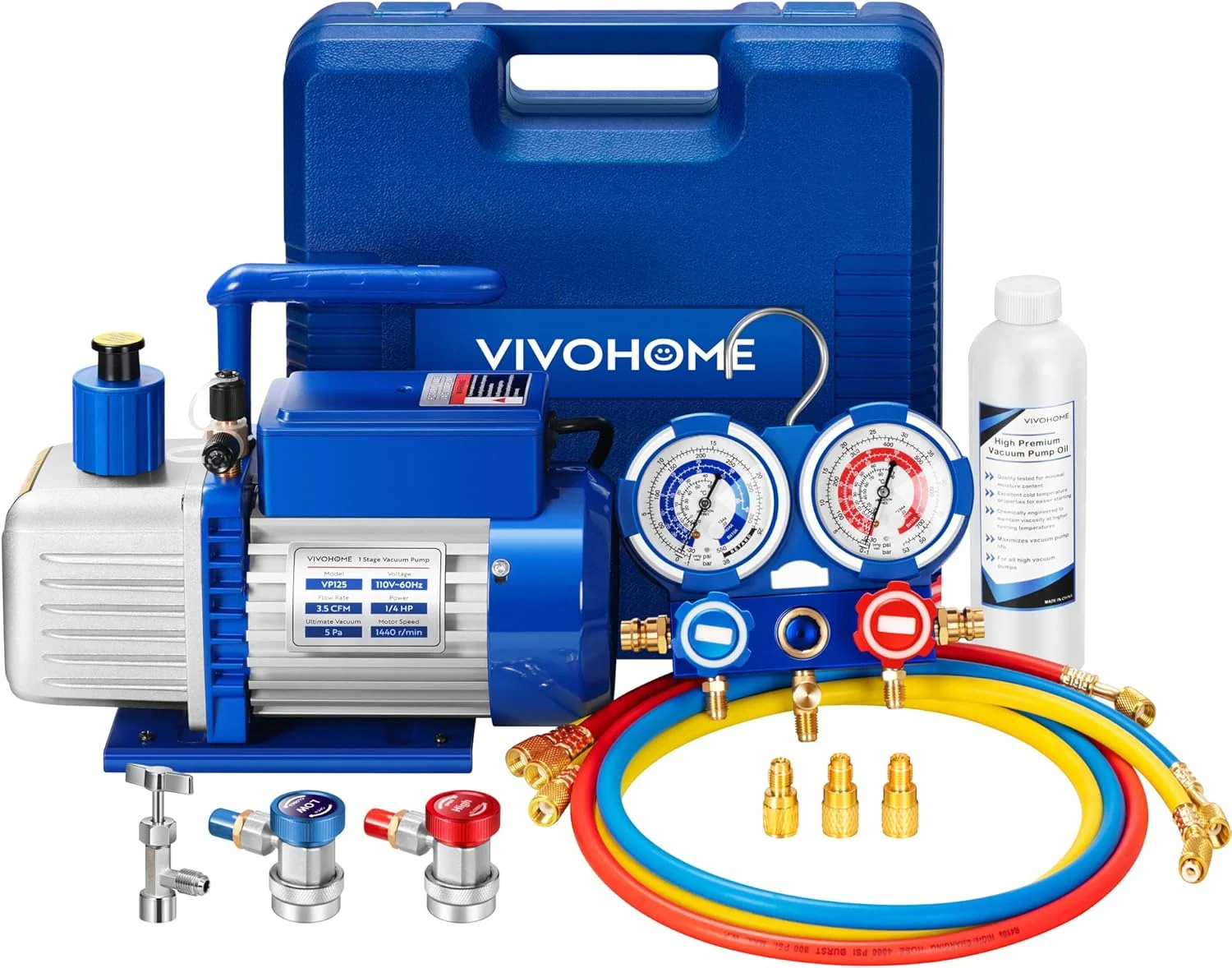 Single-Stage Rotary Vane Air Vacuum Pump With R134a AC Manifold Gauge Kit – 110V, 1/3 HP, 4 CFM