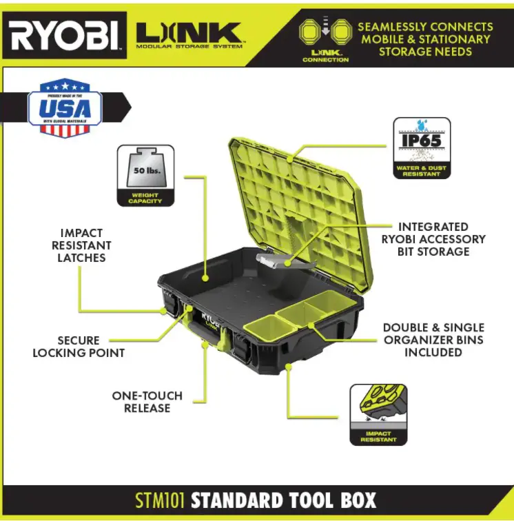 RYOBI LINK Modular Tool Storage Set, Rolling, Medium And Standard Tool Boxes, Green – STM201 STM102 STM101