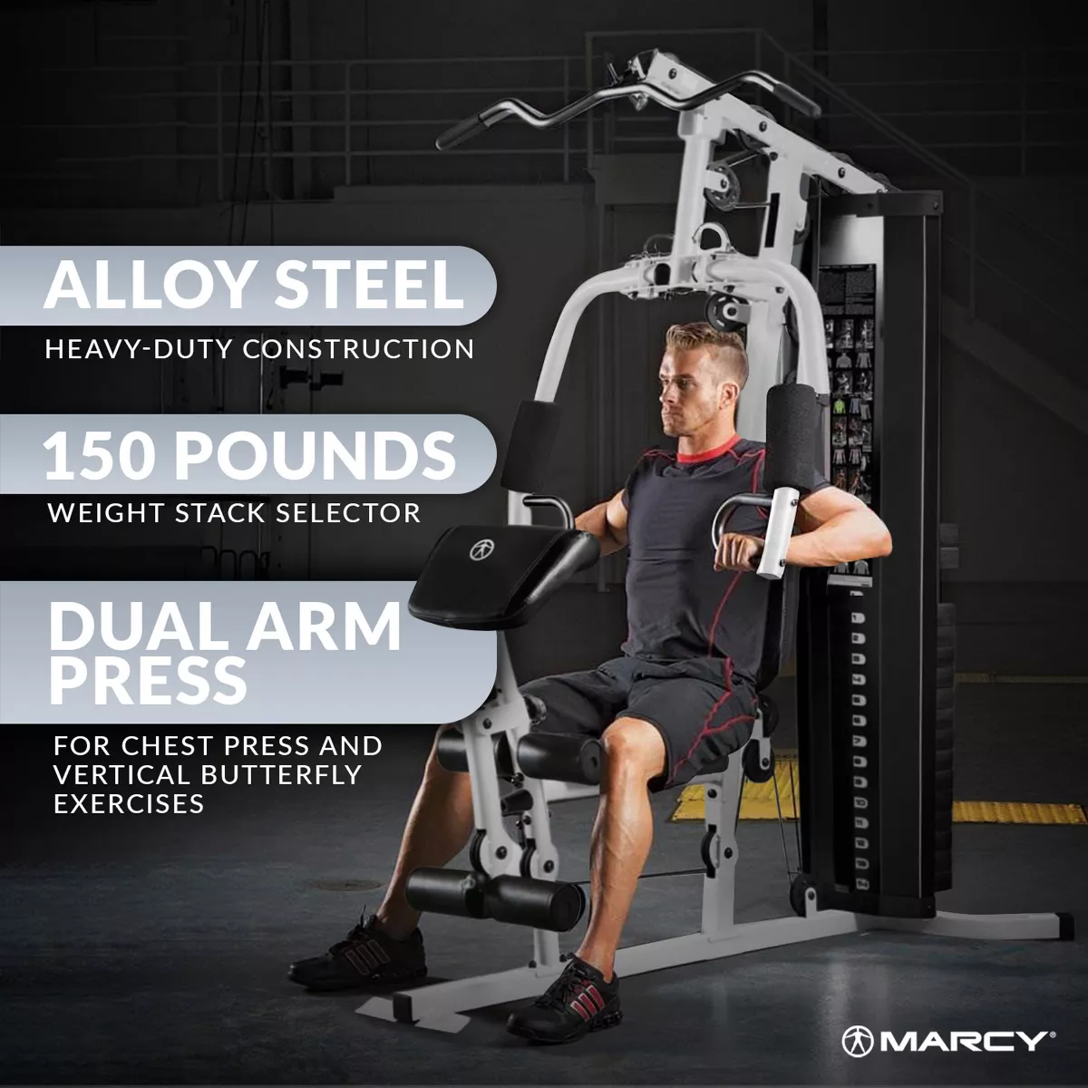 150 Pound Stack Home Gym, Dual Function Arm Press & Leg Developer, Full Body Workout, Black/White