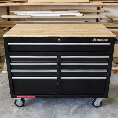 46-in W x 24.5-in D 9-Drawer Mobile Workbench with Hardwood Top and Power Station Gloss Black