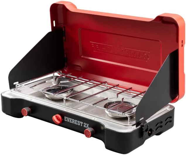 Mountain Series Everest 2X – High Output Two-Burner Camp Stove – Lid Doubles as Windscreen – Portable Cooking Stove – For Outdoor Cooking – 20,000 BTU Burners – 215 Sq In Cooking Area