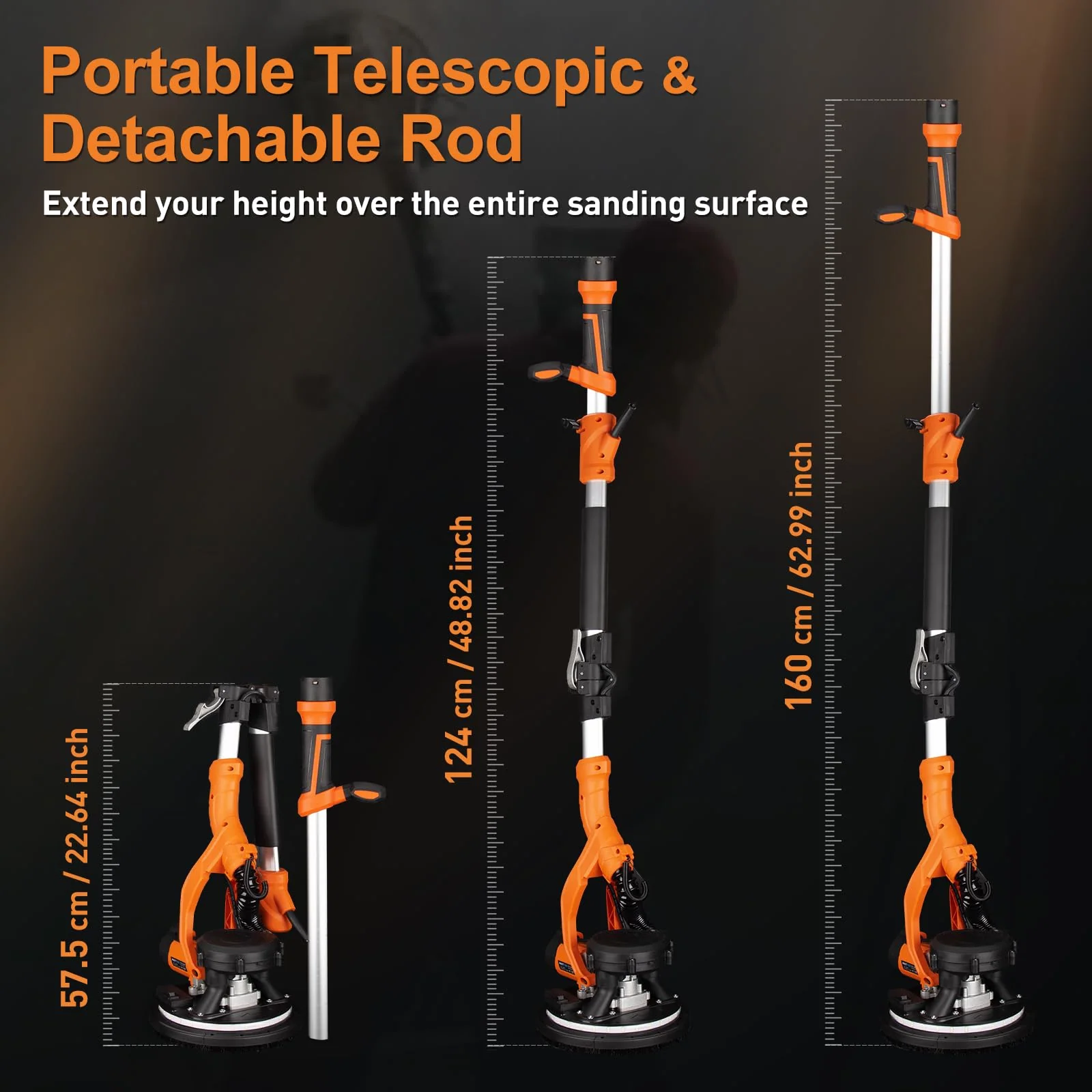 1000W Electric Drywall Sander With 4.9 Ft To 6.2 Ft Extension Pole And 15 Sanding Discs