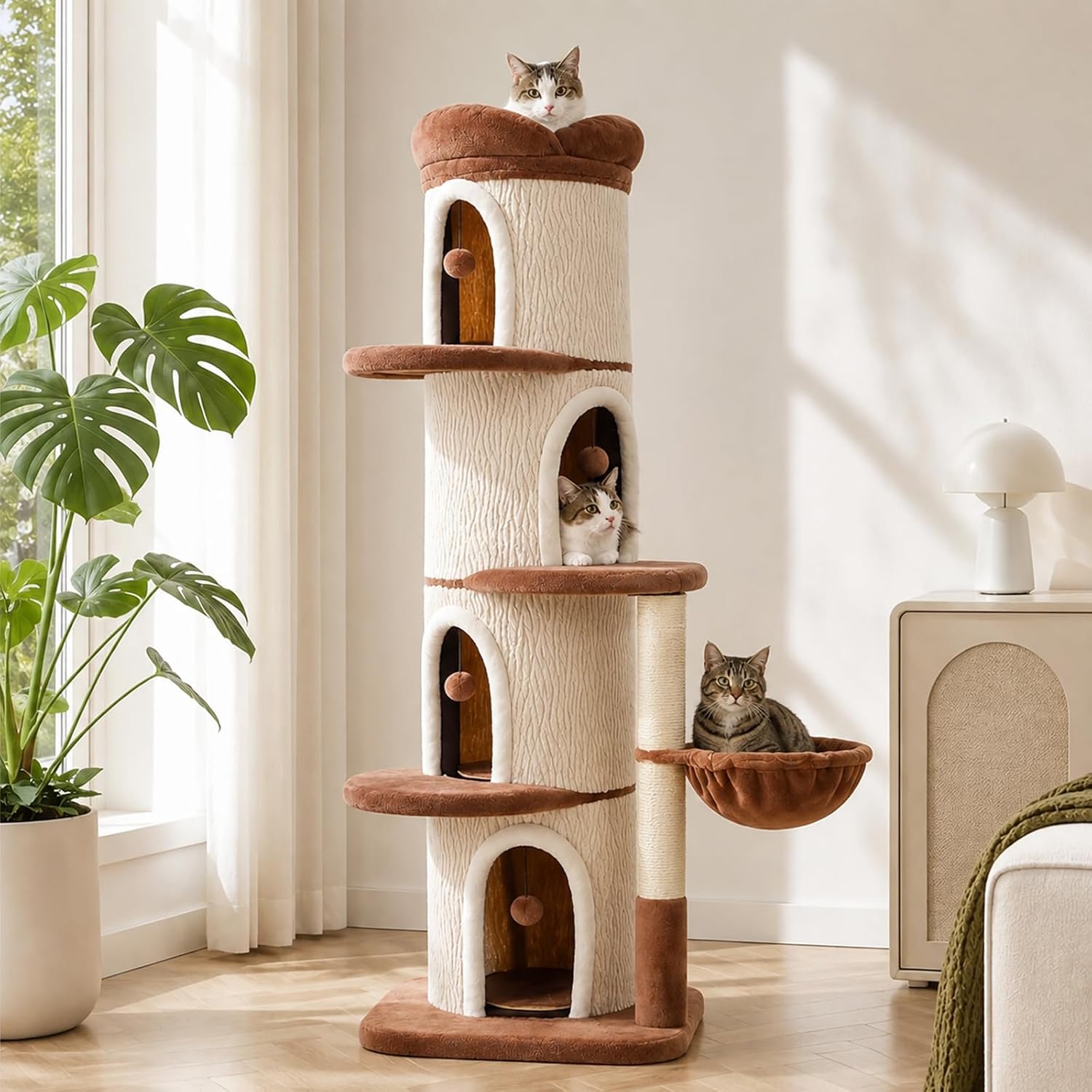 68.5″ Forest Cat Tree Tower with 4 Condos & Flower Top Bed, Brown