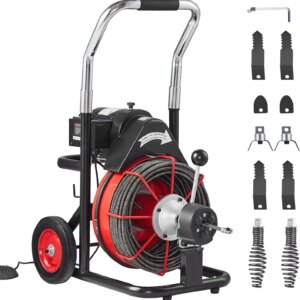 Drain Cleaner Machine 100FT x 1/2 Inch, Auto Feed Sewer Snake Auger on Wheels, 550W Portable Drain Cleaning Machine with 8 Cutters & Air-activated Foot Switch for 2″ to 4″ Pipes