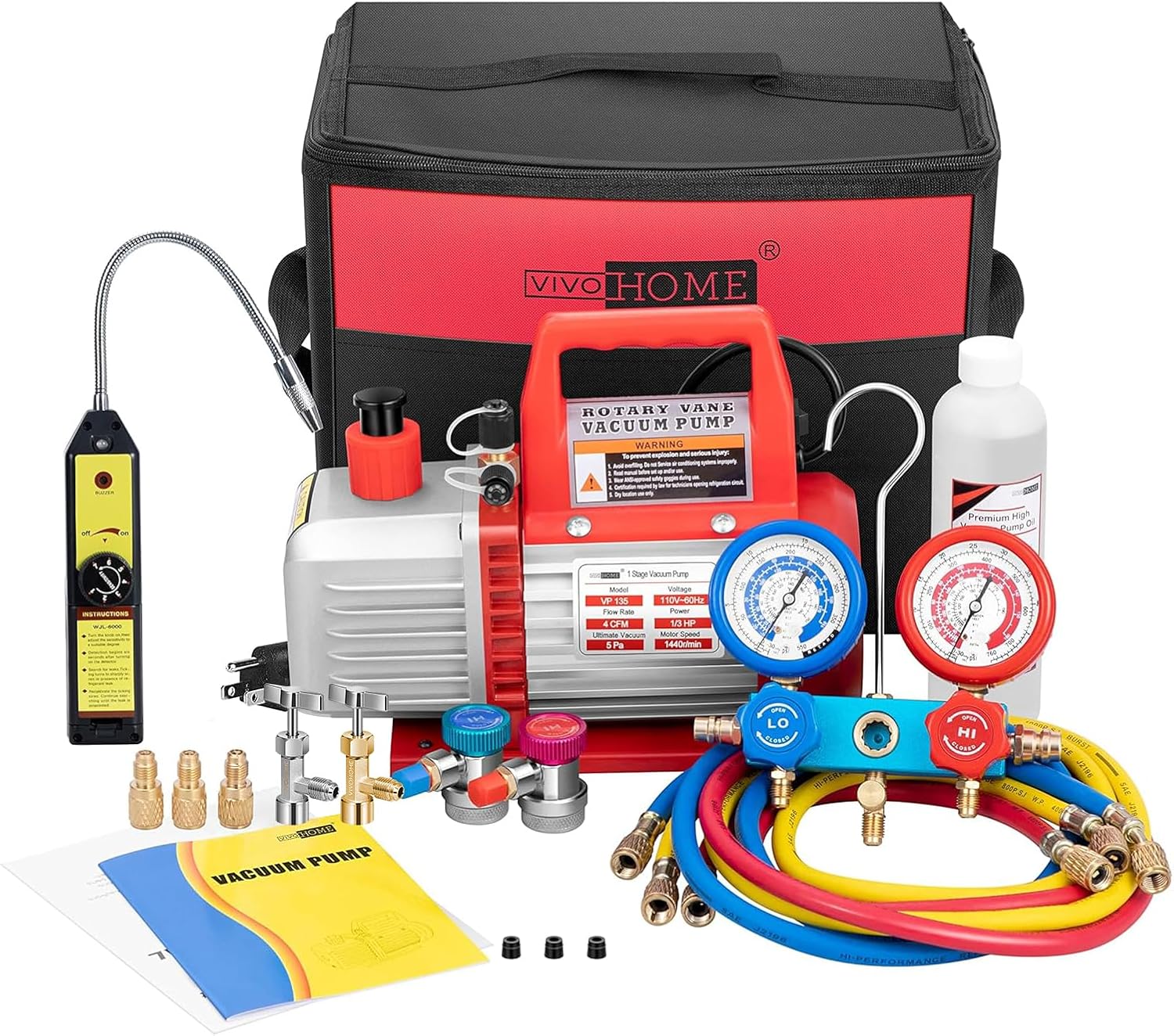 Single-Stage Rotary Vane Air Vacuum Pump With R134a AC Manifold Gauge Kit – 110V, 1/3 HP, 4 CFM