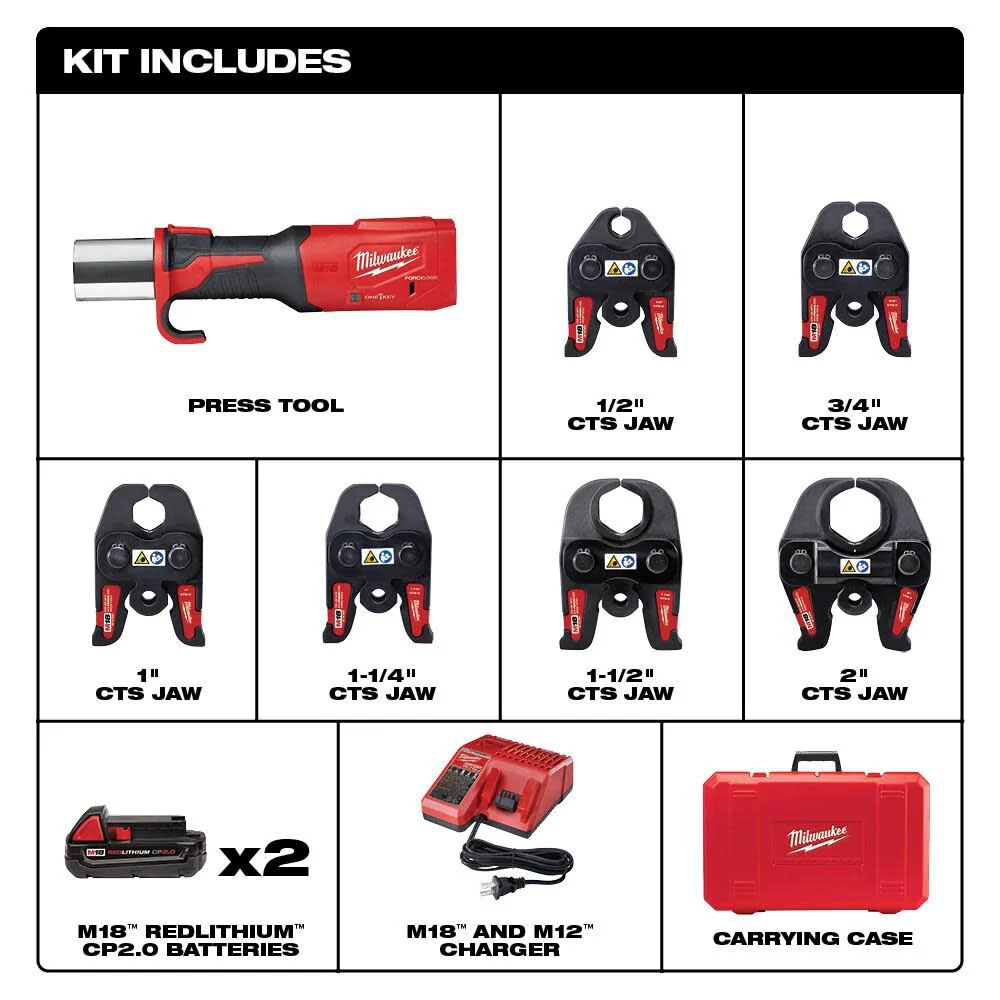 Milwaukee M18 FORCE LOGIC Press Tool With ONE-KEY – 1/2 in – 2 in CTS Jaws