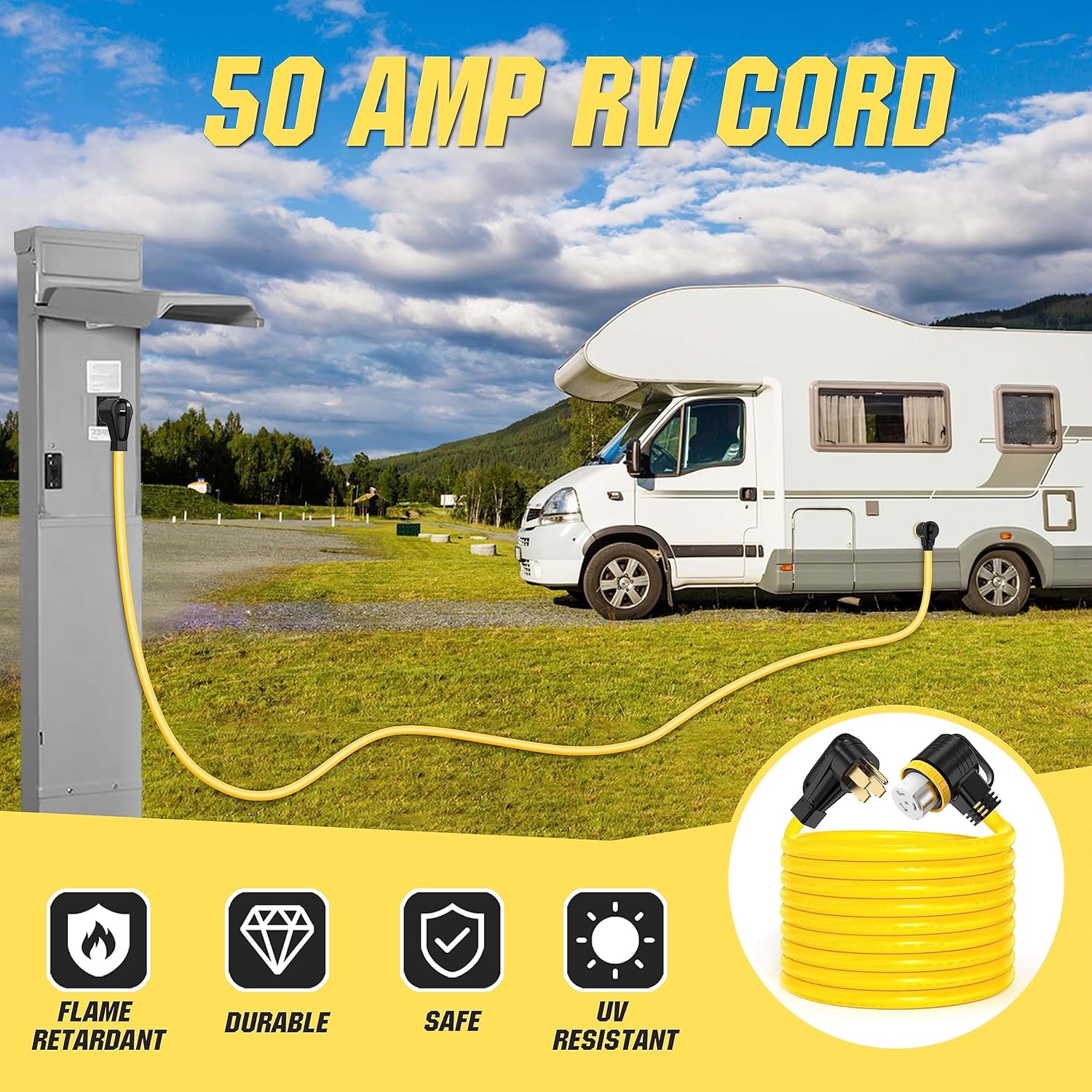 50 Feet 50 Amp RV/Generator Cord, 6/3+8/1 Gauge STW Wire – NEMA 14-50P To SS2-50R