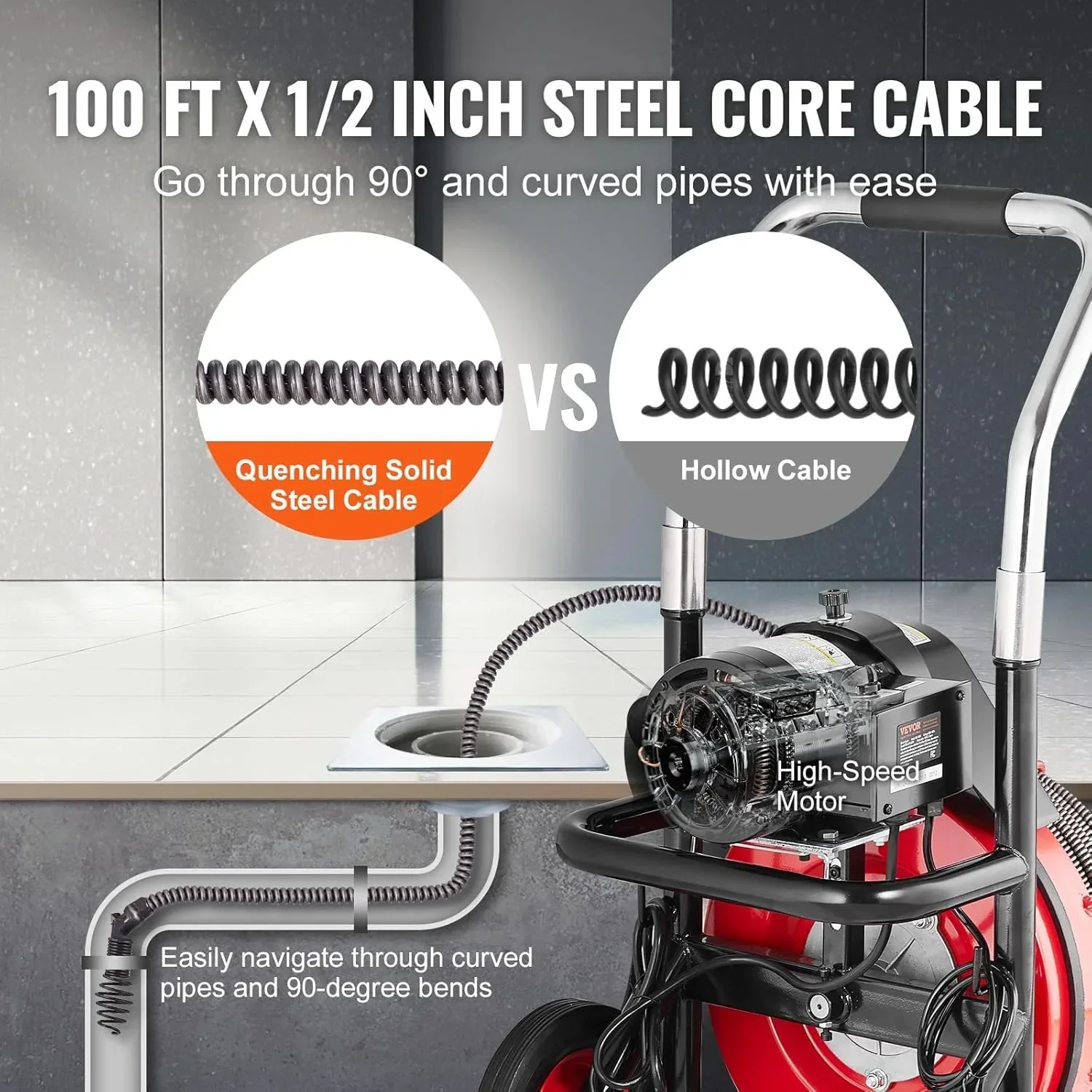 VEVOR Drain Cleaner Machine 100FT x 1/2 Inch, 550W, Red + Black – Drain Cleaner Machine 100 FT x 1/2 Inch