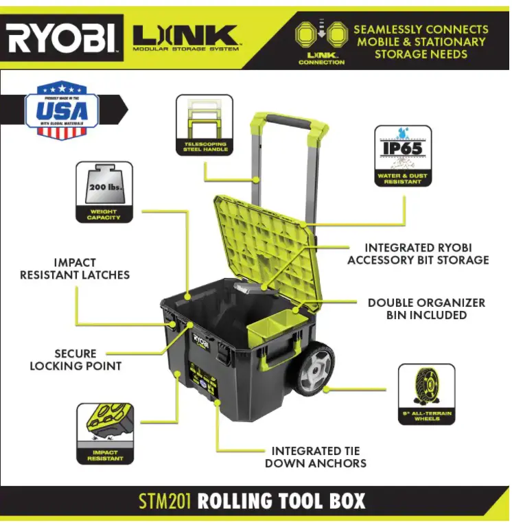 RYOBI LINK Modular Tool Storage Set, Rolling, Medium And Standard Tool Boxes, Green – STM201 STM102 STM101