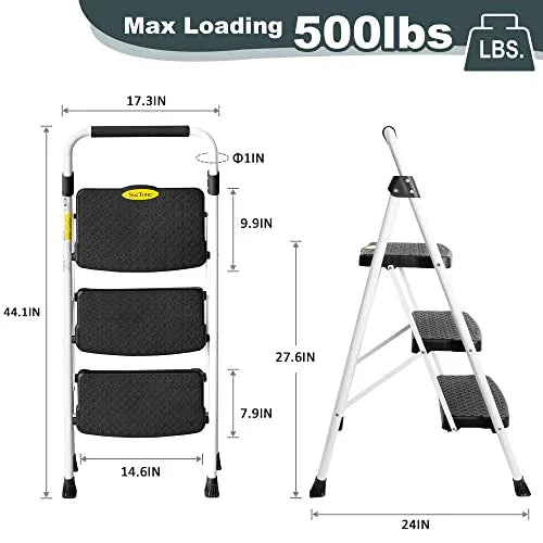 SocTone 3 Step Folding Step Ladder With Handle – 500 lb Capacity