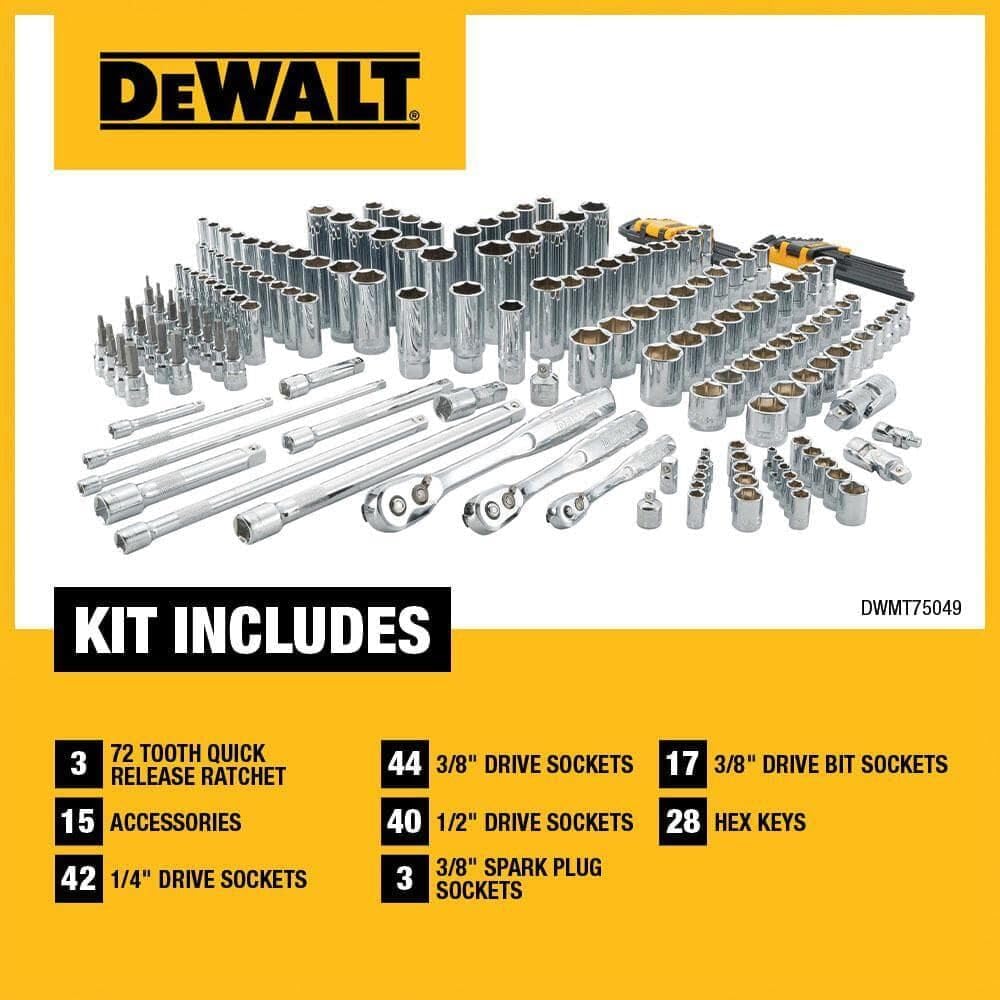 DEWALT Mechanics Tool Set, SAE And Metric, 192-Piece, 1/4, 3/8 And 1/2 in Drive – DWMT75049