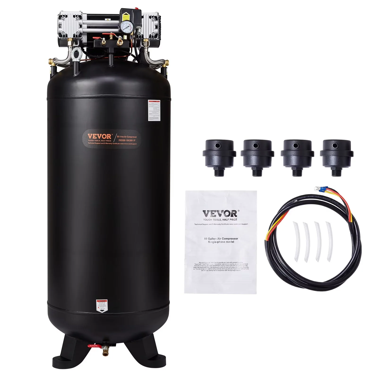 VEVOR 80 Gallon Oil-Free Air Compressor, 6.5 HP, 15.5 SCFM at 90 PSI, 145 PSI – FB3500-10A300-1P