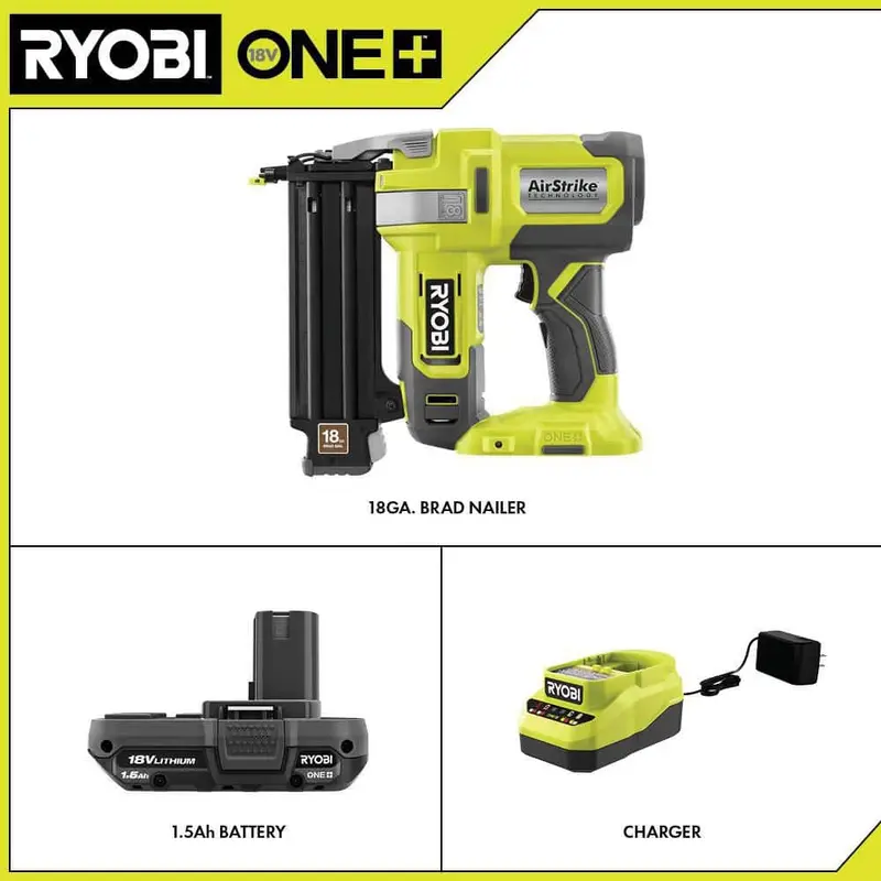 RYOBI ONE+ 18V 18-Gauge Cordless AirStrike Brad Nailer With 1.5 Ah Battery And Charger – P321KN