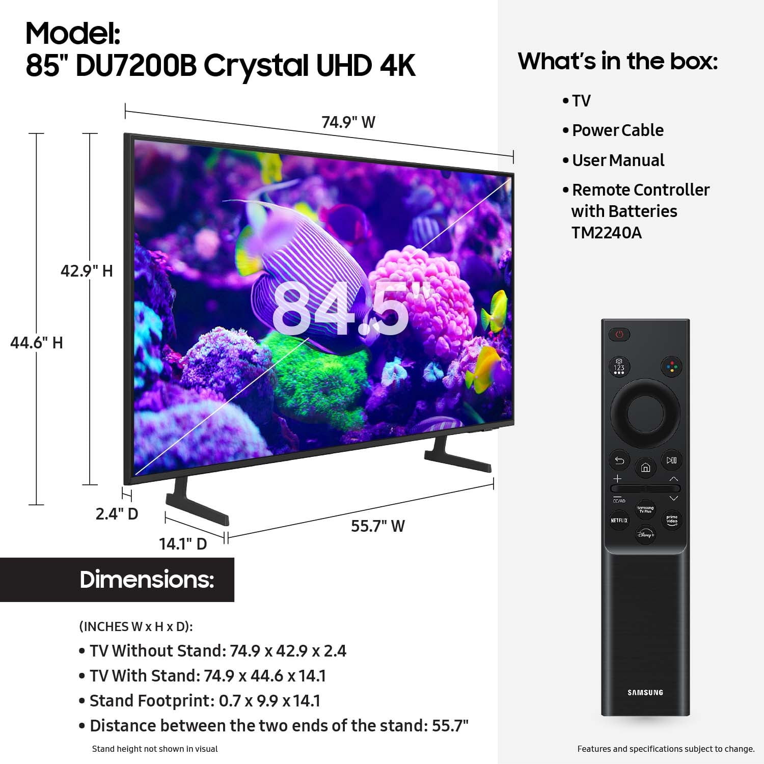 85-Inch 4K Smart TV, DU7200B, HDR