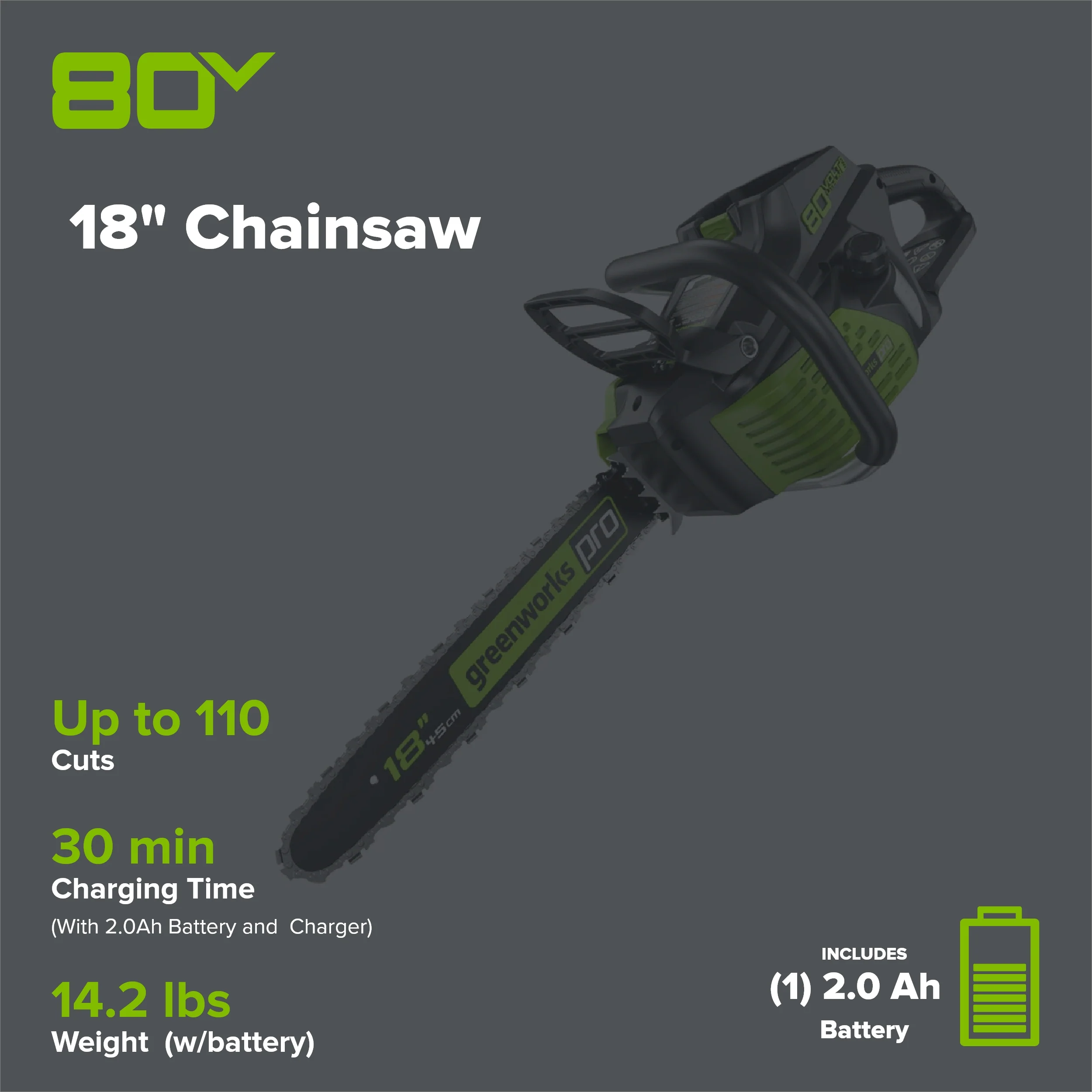80V Cordless Chainsaw 18-Inch with Battery and Charger