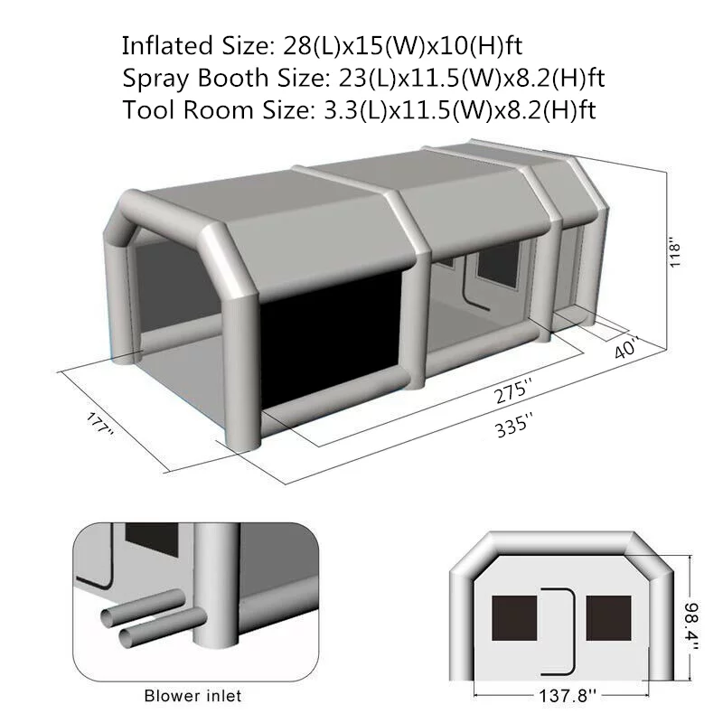 Inflatable Spray Paint Booth Tent 28X15X10FT With Two Blowers – 950W+280or380W